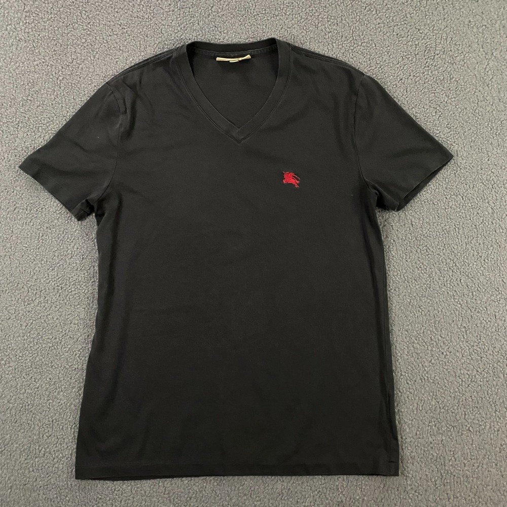 Burberry England T-Shirt Mens Medium Embroidered Logo‎ V-Neck Black Cotton
